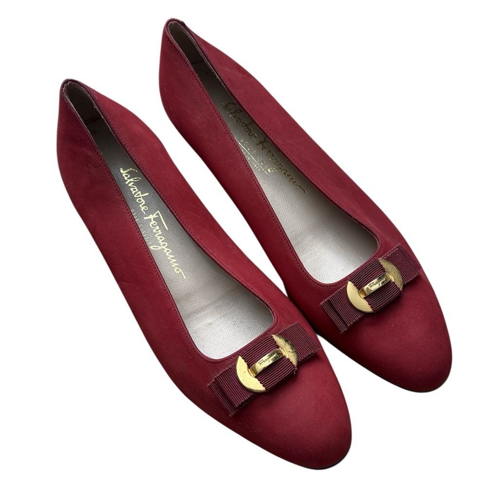 VTG Salvatore Ferragamo Red Leather Suede Gold Bow Ballet Flats Sz 8.5
